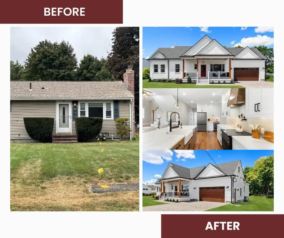 Marlboro Road, Woburn: the original ranch house and the finished home after renovation and additions