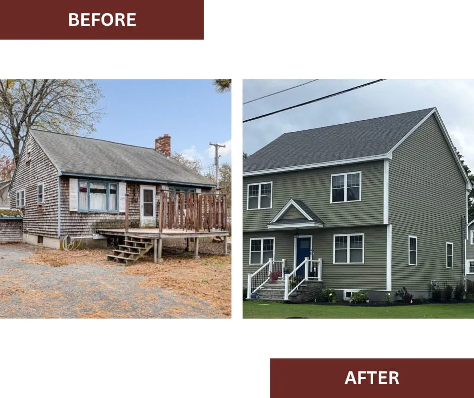 Vernon Street, Tewksbury: existing Cape-style home and redevelopment rendering showing design intent