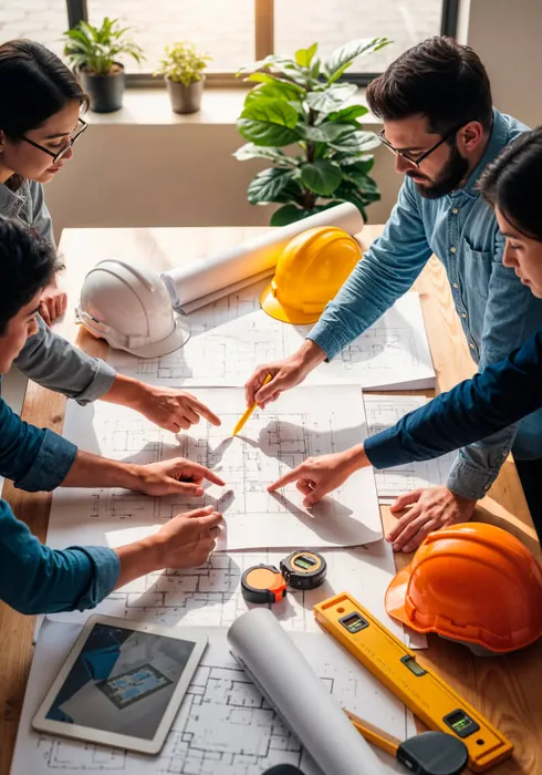 Project team reviewing construction drawings around a table
